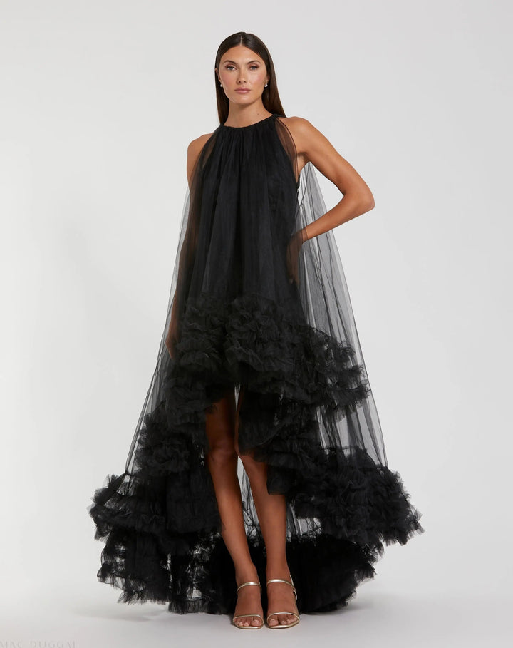 Mac Duggal 68252 Tulle High Neck Sleeveless Ruffled Hem Hi-Low Gown