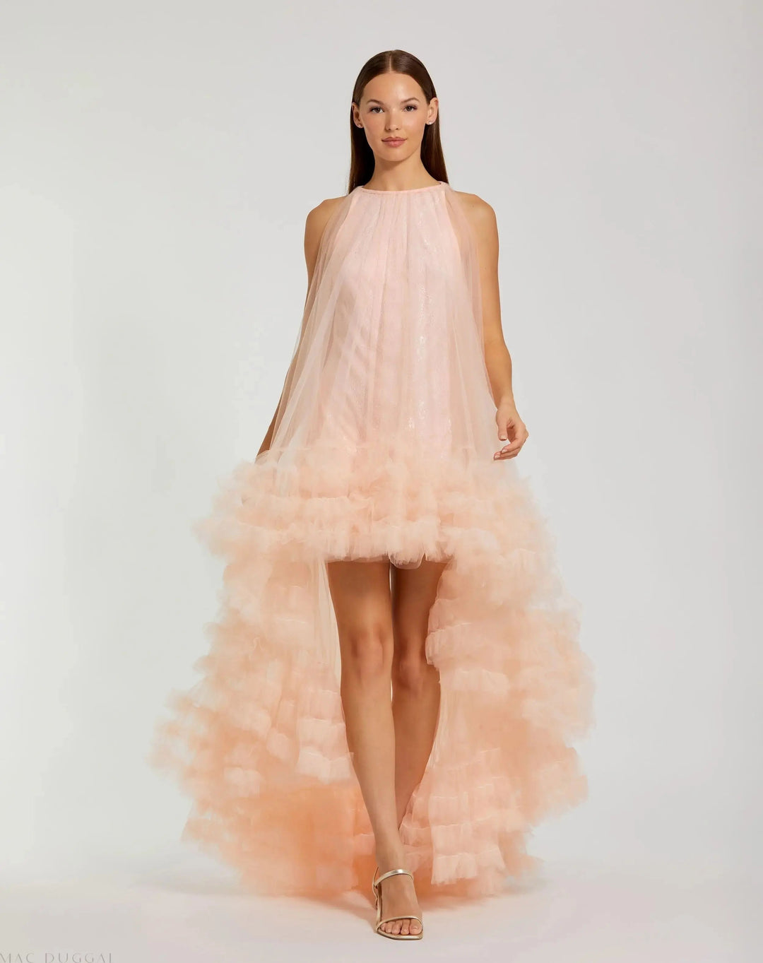 Mac Duggal 68252 Tulle High Neck Sleeveless Ruffled Hem Hi-Low Gown