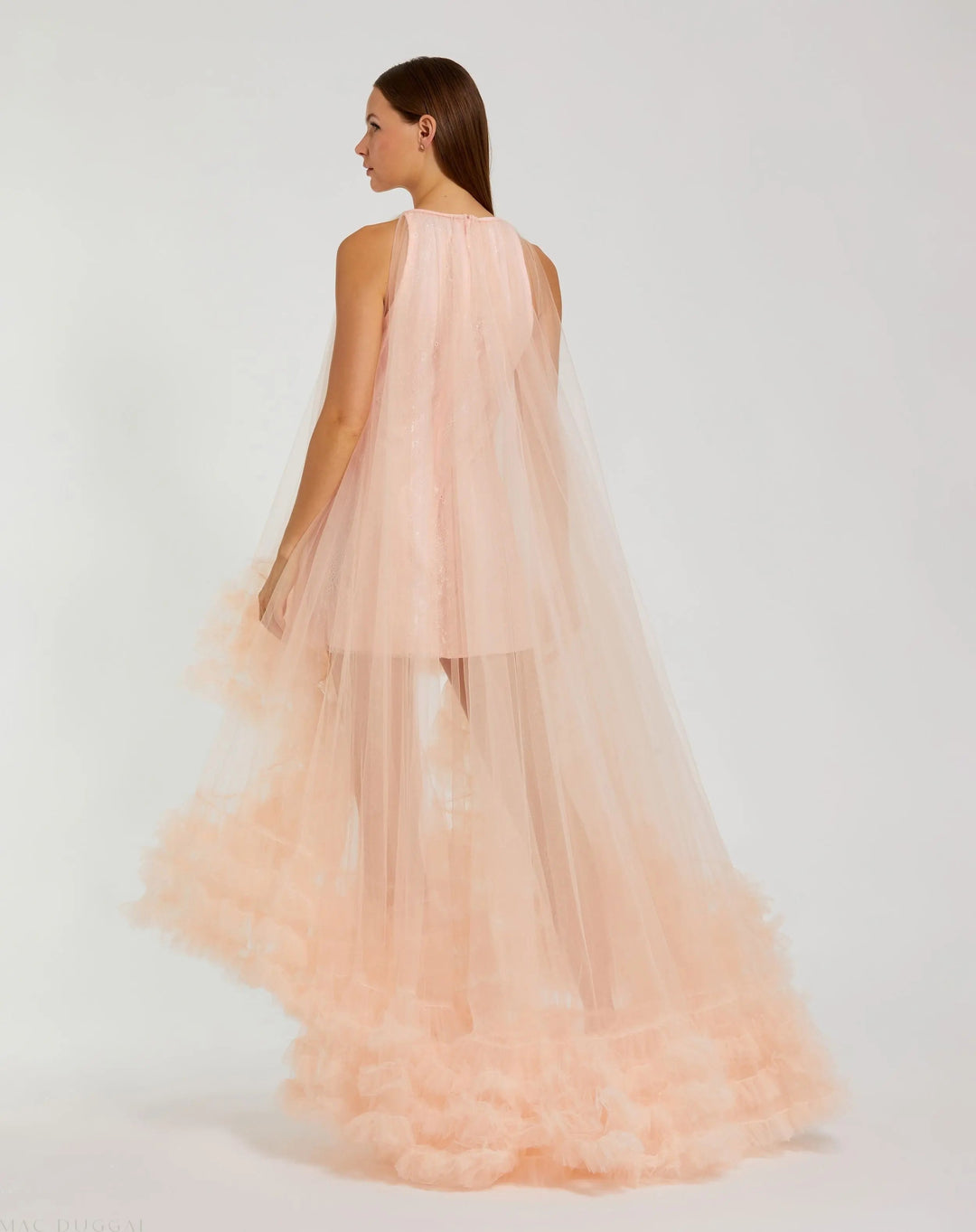 Mac Duggal 68252 Tulle High Neck Sleeveless Ruffled Hem Hi-Low Gown