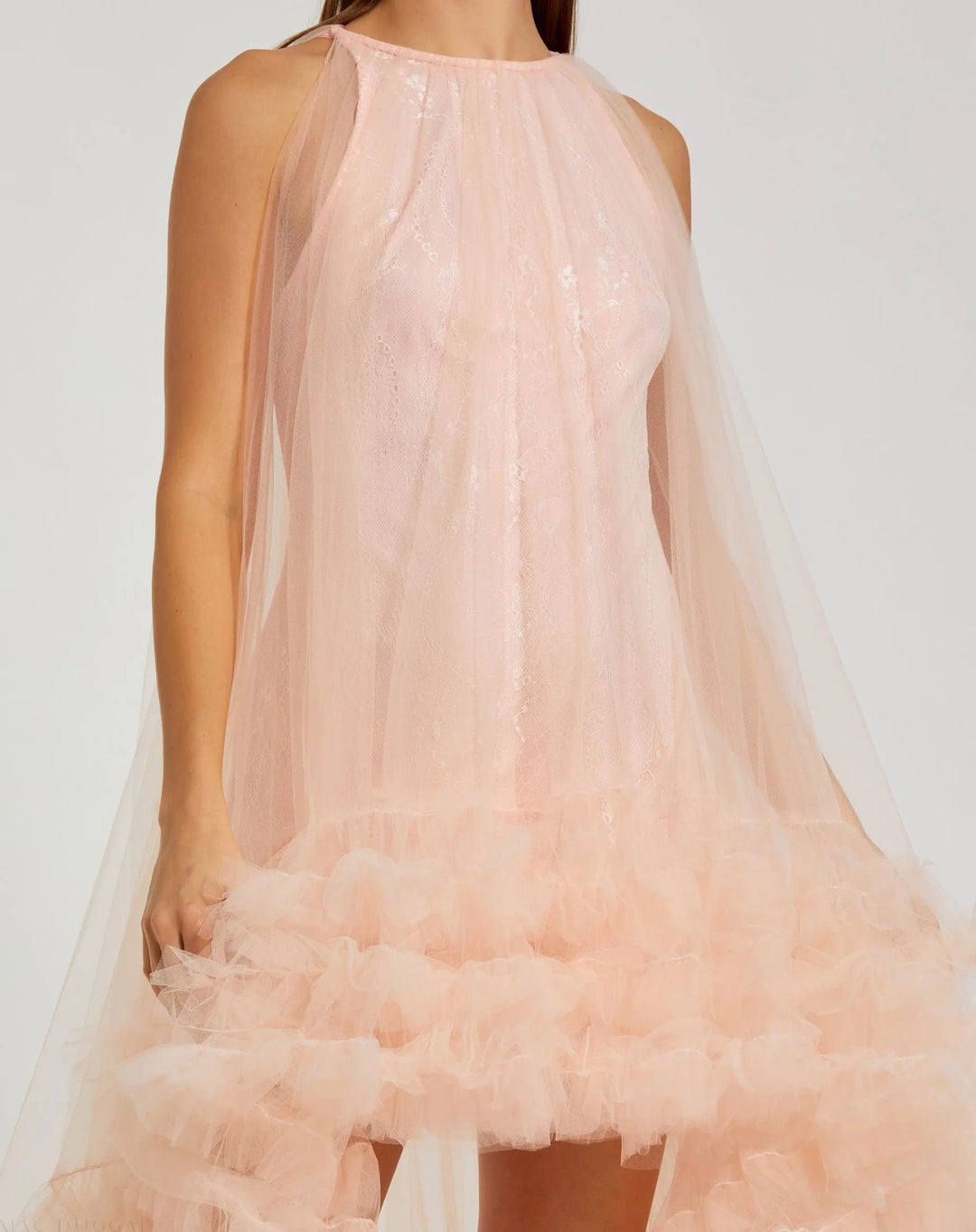 Mac Duggal 68252 Tulle High Neck Sleeveless Ruffled Hem Hi-Low Gown