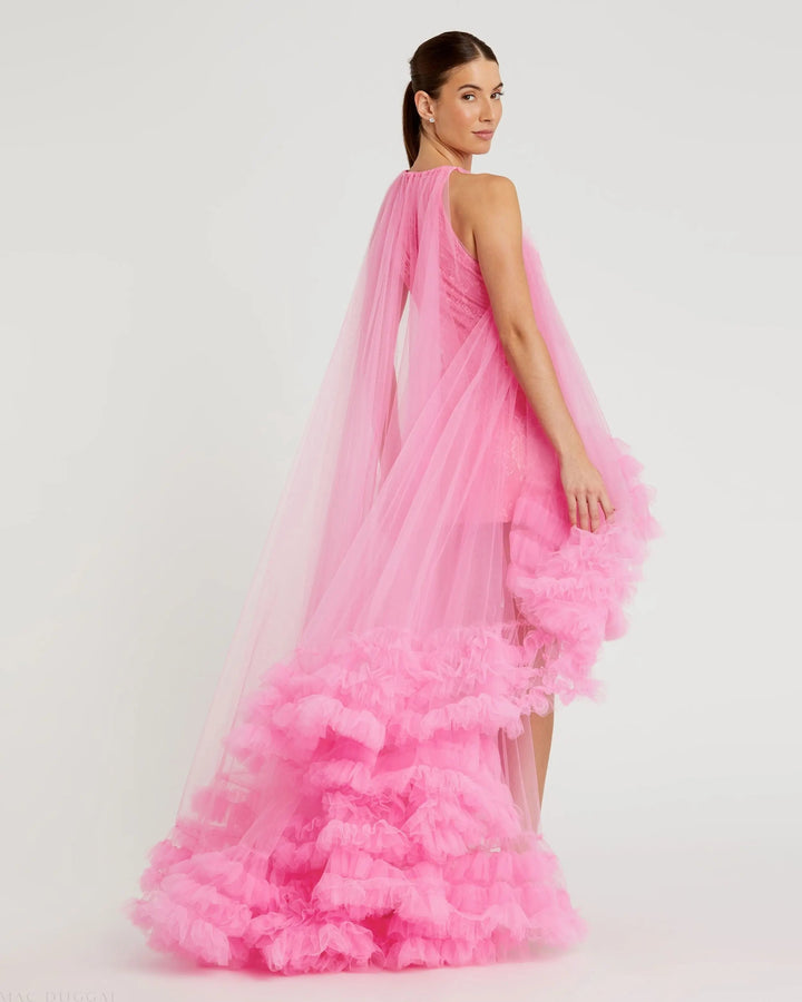 Mac Duggal 68252 Tulle High Neck Sleeveless Ruffled Hem Hi-Low Gown