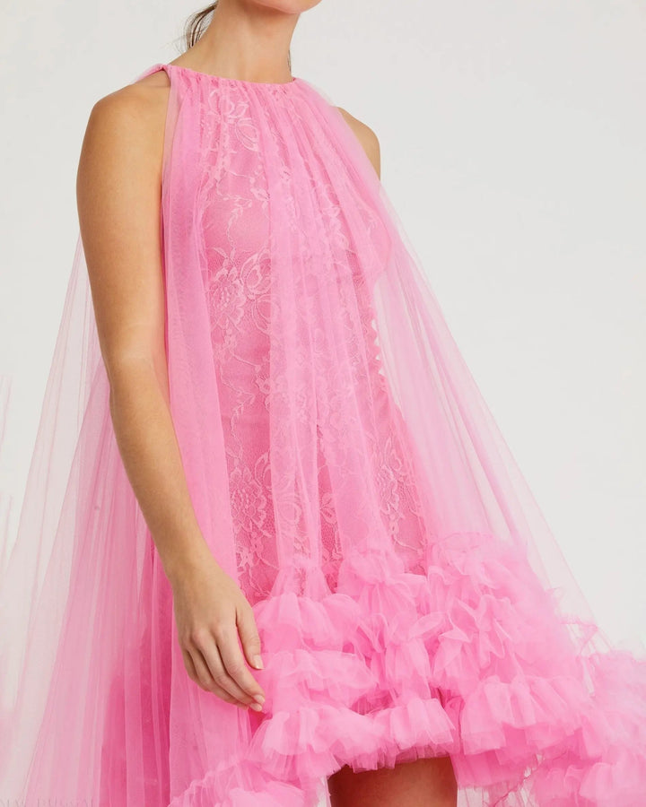 Mac Duggal 68252 Tulle High Neck Sleeveless Ruffled Hem Hi-Low Gown