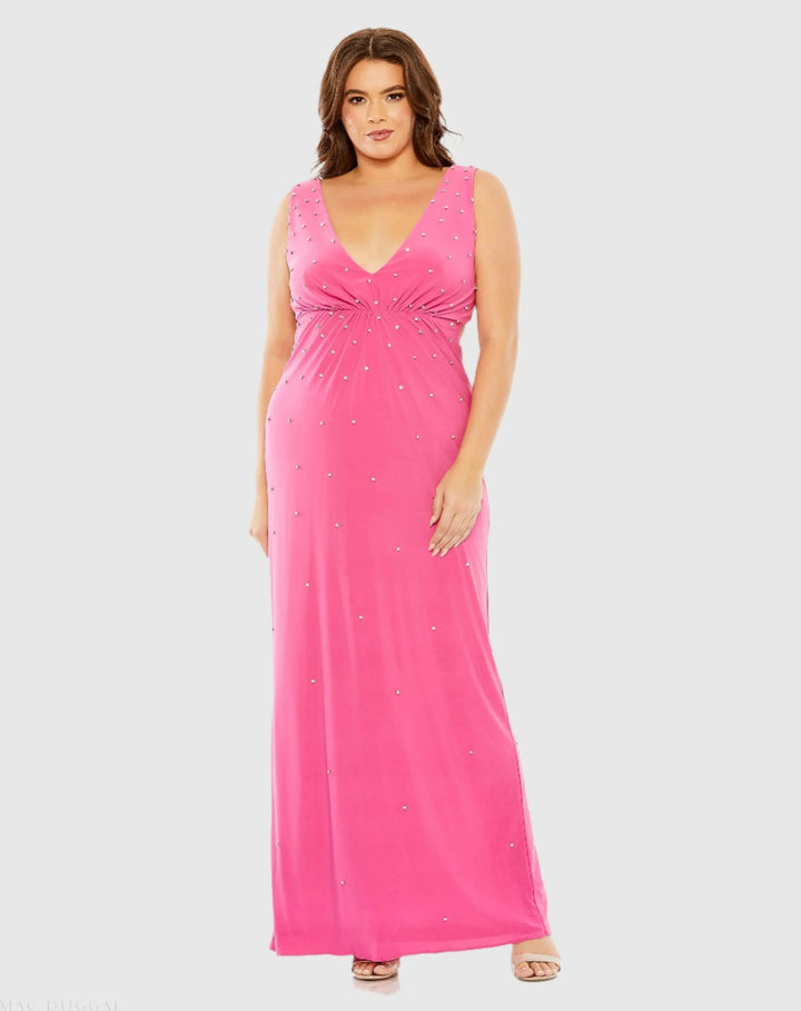 Mac Duggal 68353 Pink Rhinestone Embellished Open Back Jersey Gown (Plus) - FINAL SALE