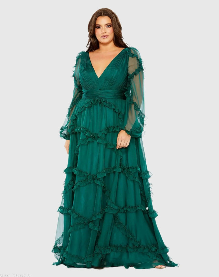 Mac Duggal 68425 V Neck Ruffle Tiered Puff Sleeve Gown (Plus)