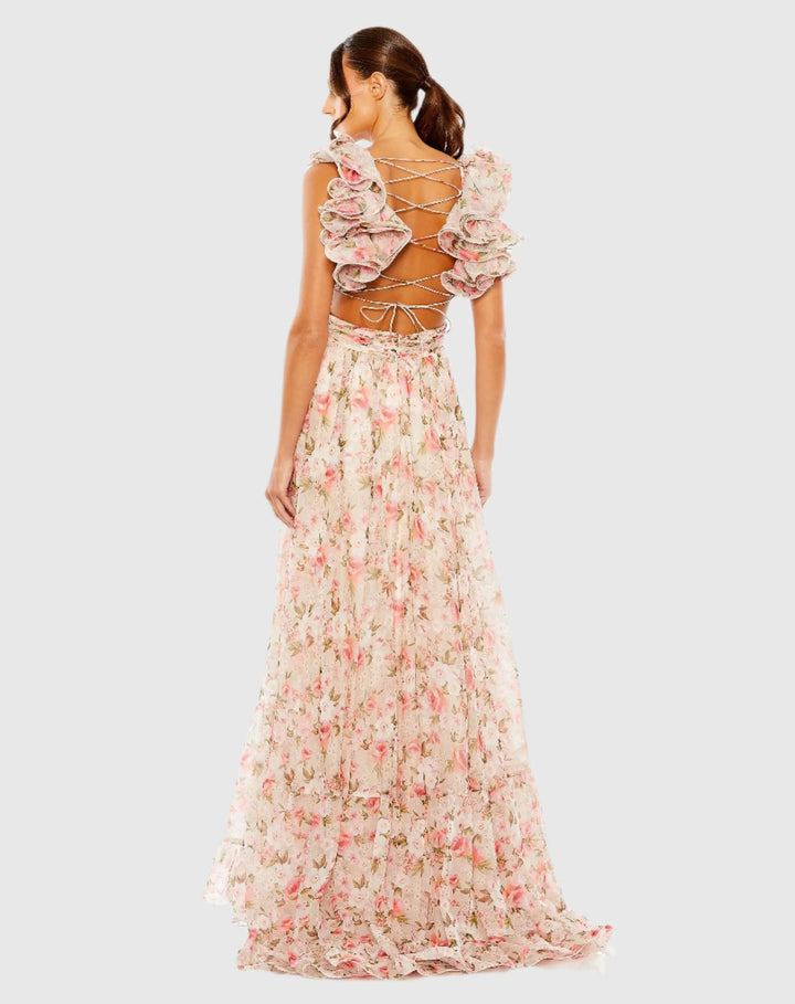 Mac Duggal 68519 Ruffle Tiered Cut-Out Chiffon Floral Gown