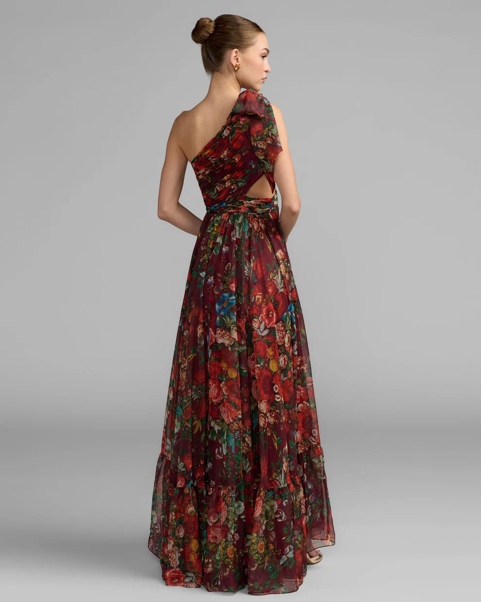 Mac Duggal 68553 One Shoulder Floral Printed Chiffon Side Cut Out Gown Dress