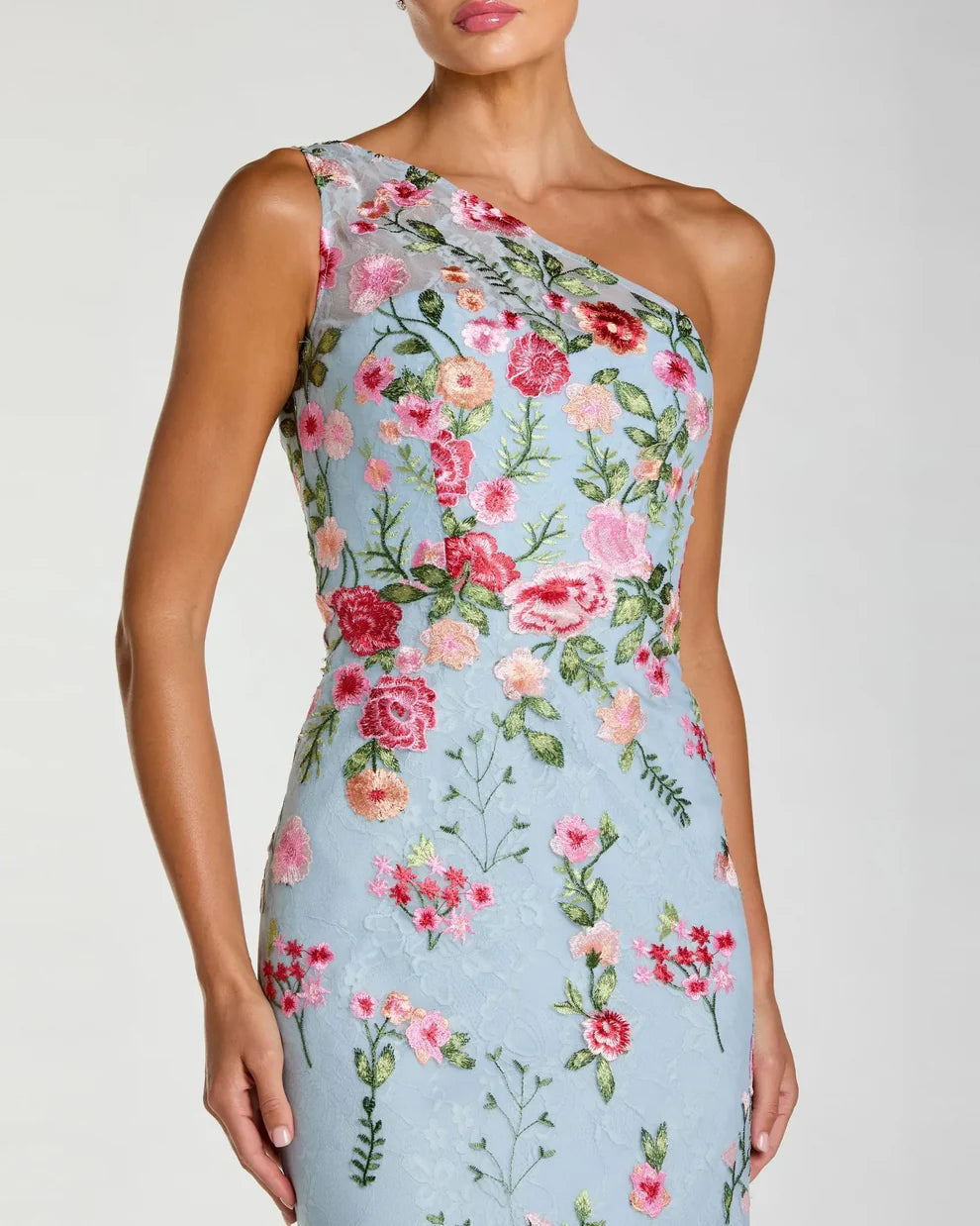 Mac Duggal 68606 Petite Green One Shoulder Floral Embroidered Gown