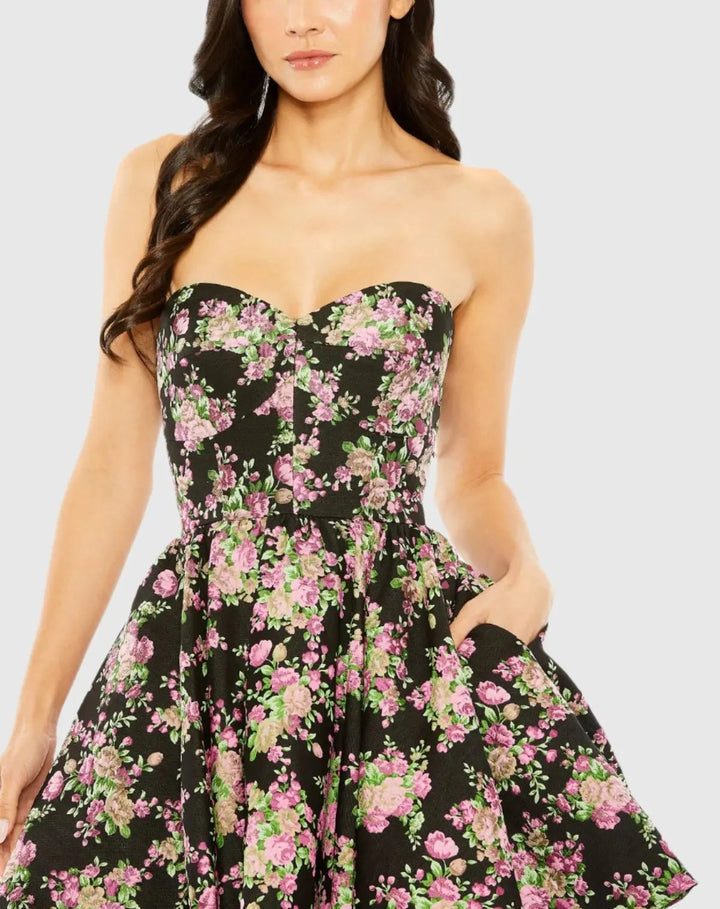 Mac Duggal 68615 Black Strapless Brocade Mini Dress