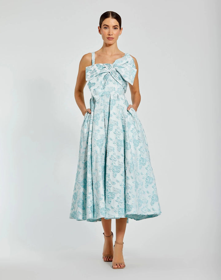 Mac Duggal 68616 Blue Sleeveless Large Bow Detail Floral Brocade Dress