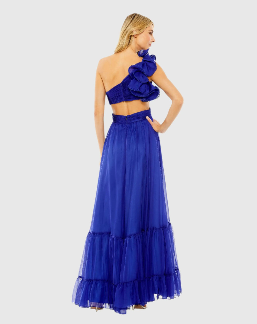 Mac Duggal 68639 One Shoulder Ruffle Tiered Cut-Out Chiffon Gown