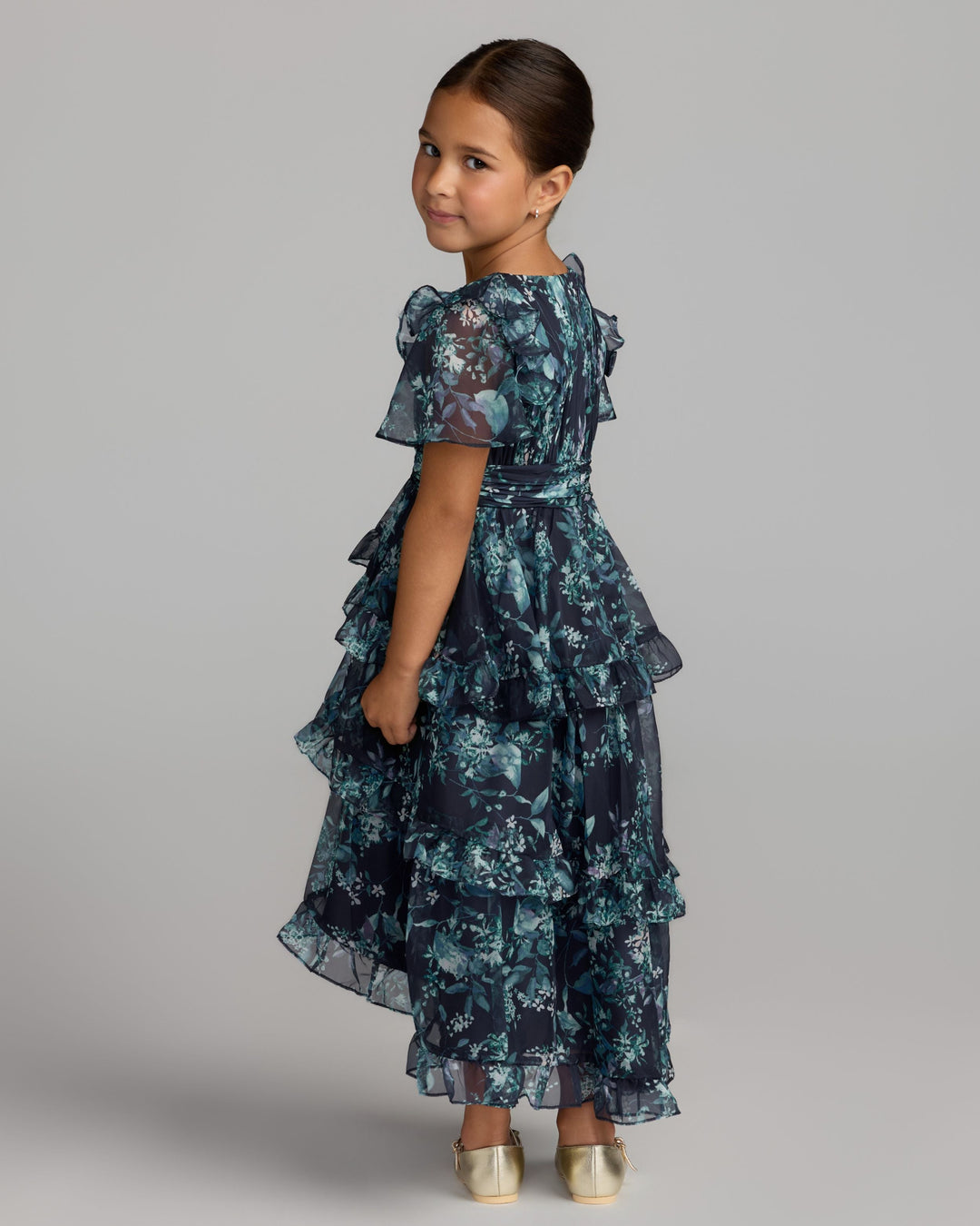 Mac Duggal 68664 Girls Floral Chiffon Tiered Ruffle Dress