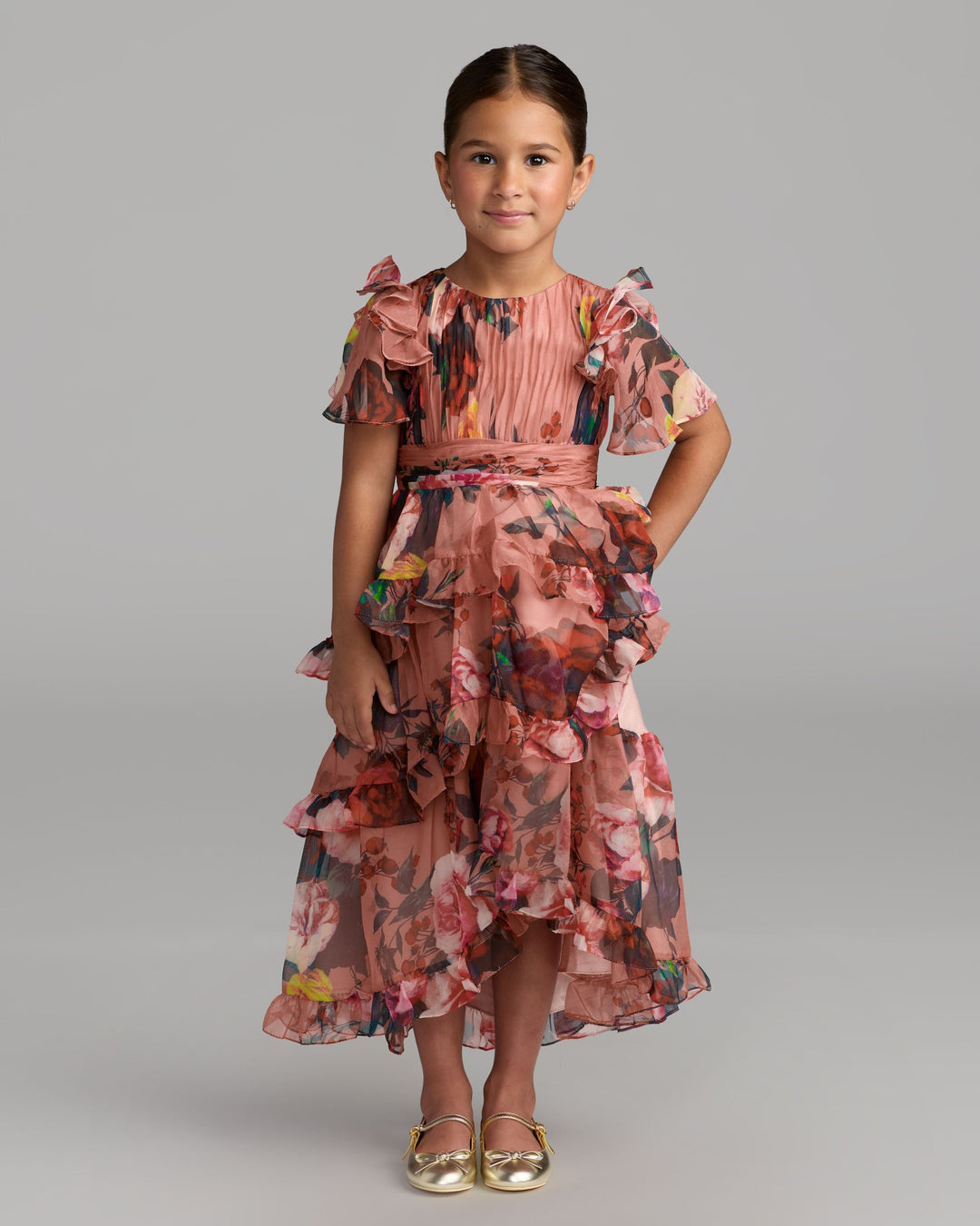 Mac Duggal 68664 Girls Floral Chiffon Tiered Ruffle Dress