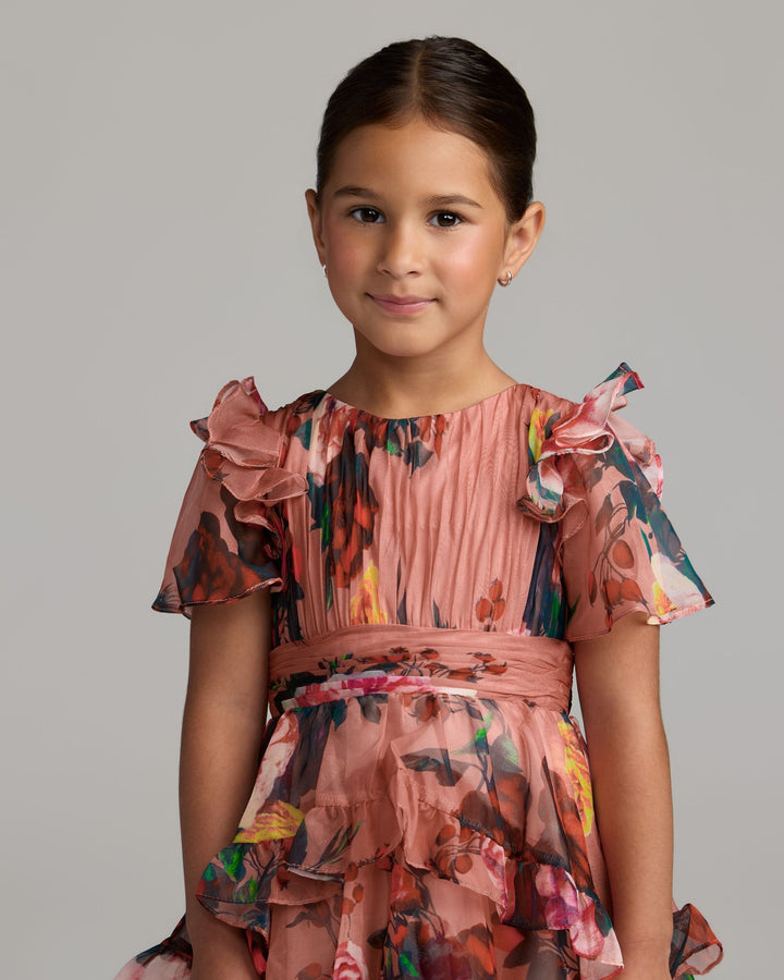 Mac Duggal 68664 Girls Floral Chiffon Tiered Ruffle Dress