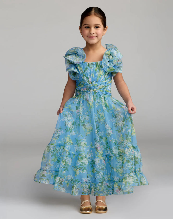 Mac Duggal 68669 Girls Floral Chiffon Ruffle Shoulder Dress