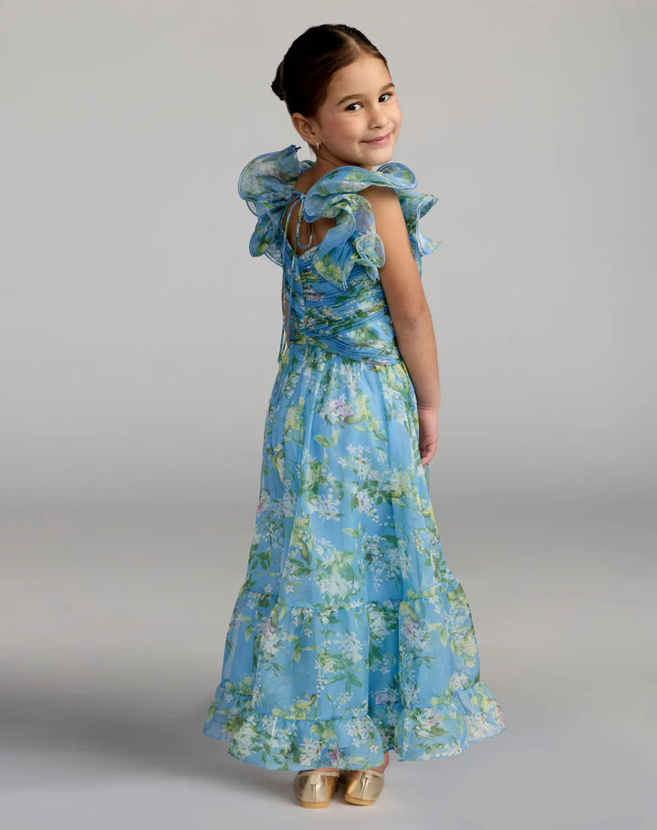 Mac Duggal 68669 Girls Floral Chiffon Ruffle Shoulder Dress