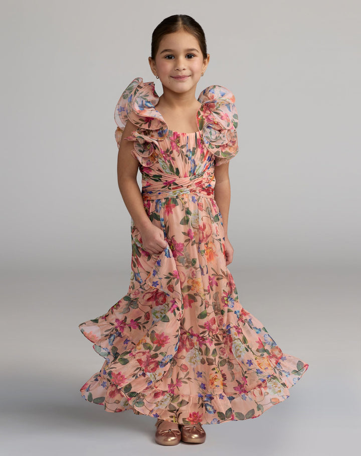Mac Duggal 68669 Girls Floral Chiffon Ruffle Shoulder Dress