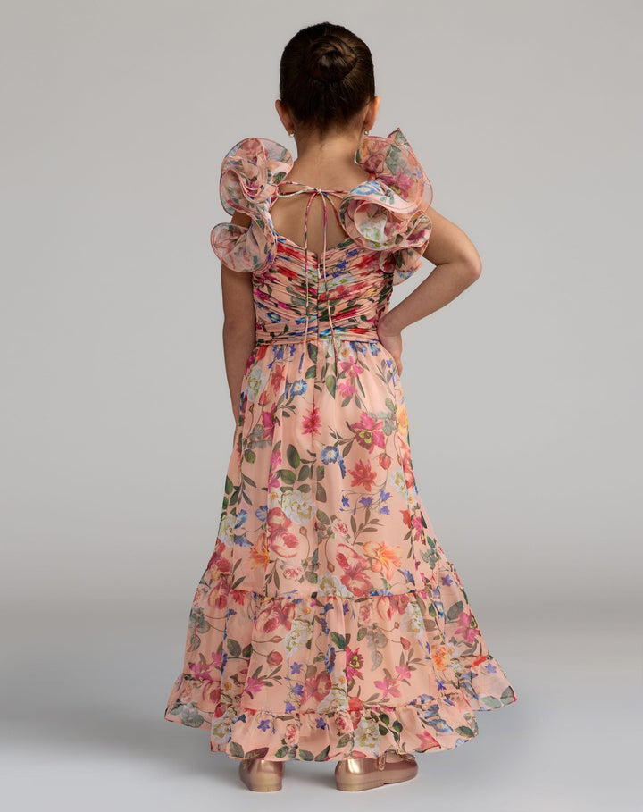 Mac Duggal 68669 Girls Floral Chiffon Ruffle Shoulder Dress