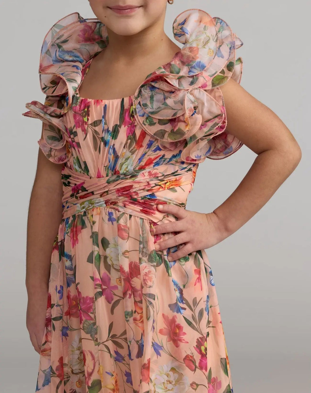 Mac Duggal 68669 Girls Floral Chiffon Ruffle Shoulder Dress