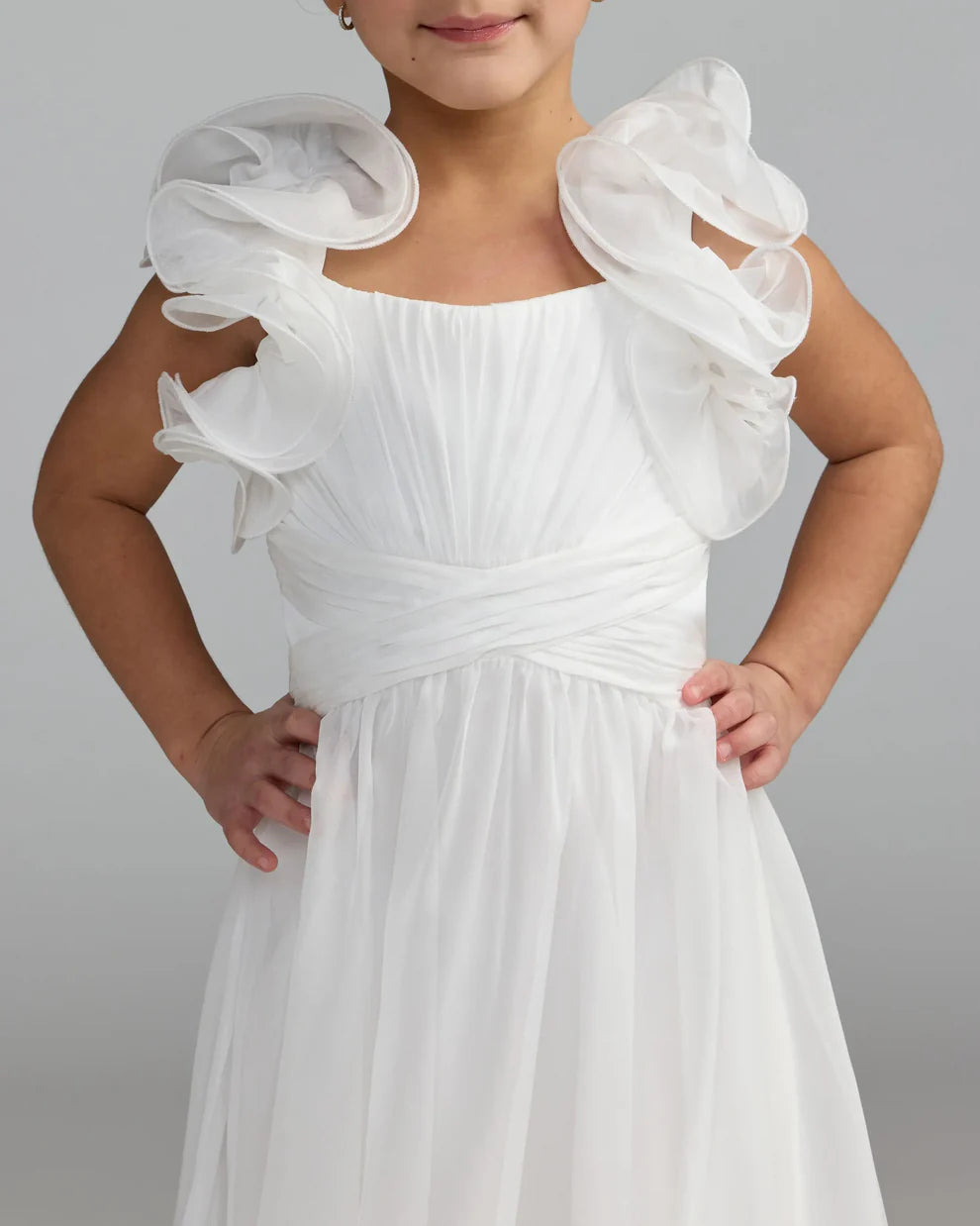 Mac Duggal 68669 Girls Floral Chiffon Ruffle Shoulder Dress