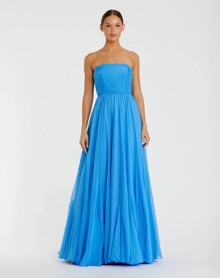 Blue Strapless Chiffon Gown With Braided Belt - FOSTANI.com