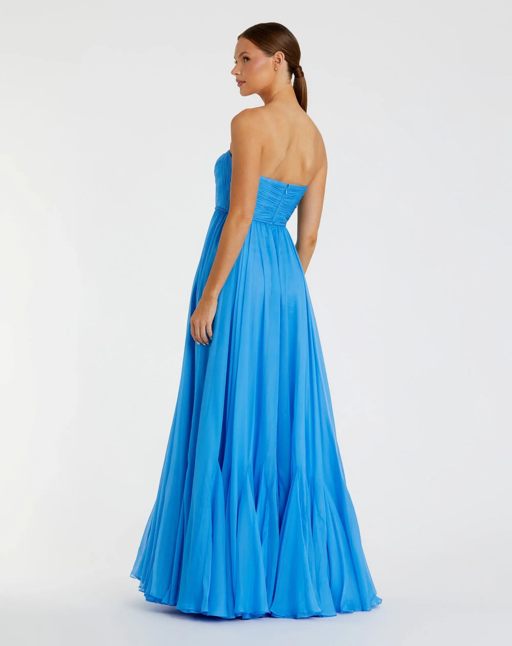 Blue Strapless Chiffon Gown With Braided Belt - FOSTANI.com