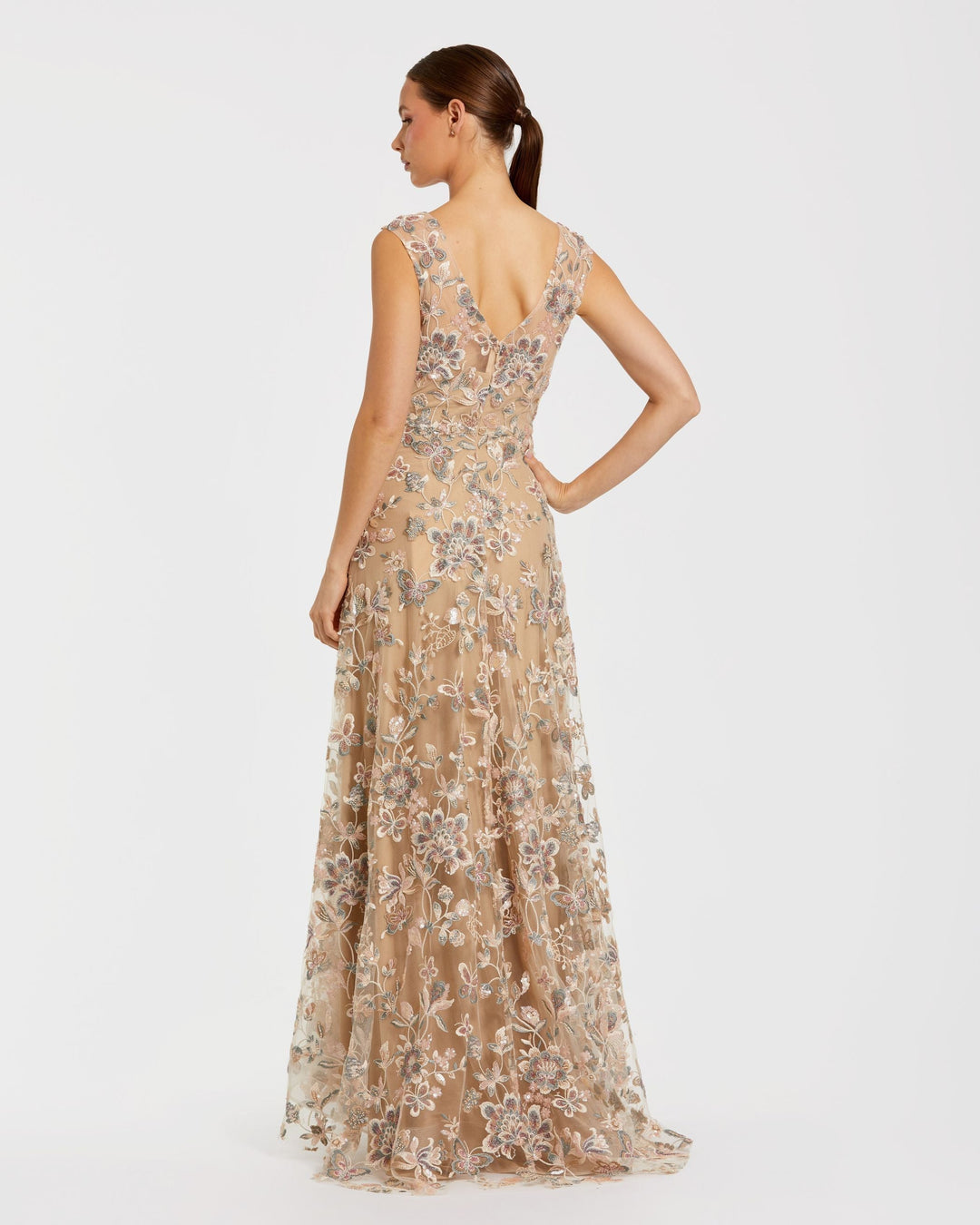Beige Floral Embroidered Sleeveless V Neck Gown - FOSTANI.com