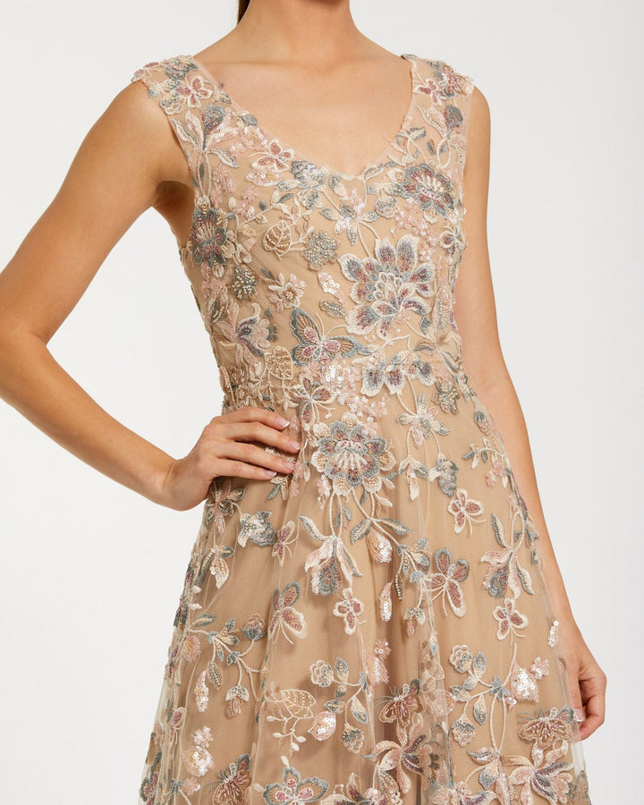 Beige Floral Embroidered Sleeveless V Neck Gown - FOSTANI.com