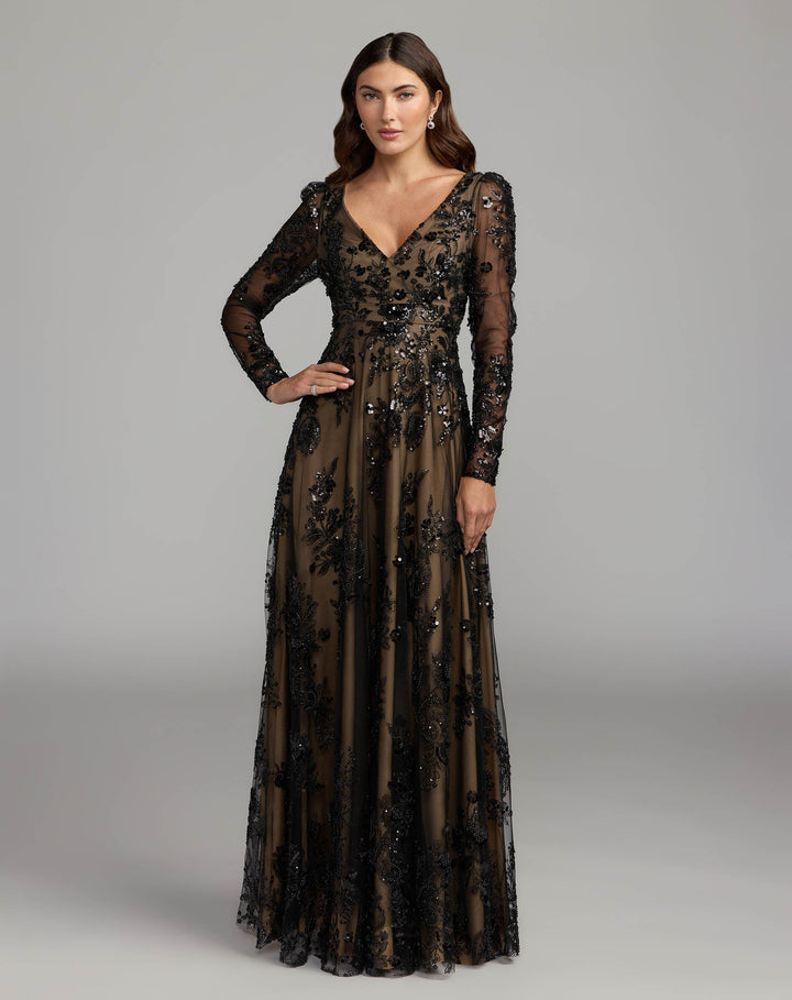 Mac Duggal 68908 Embroidered Long Sleeve V Neck Gown