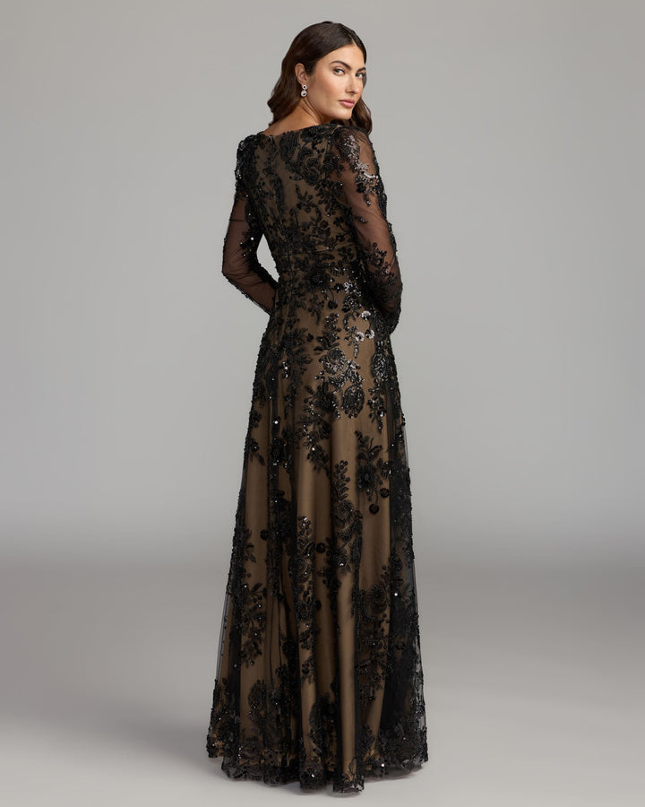 Mac Duggal 68908 Embroidered Long Sleeve V Neck Gown