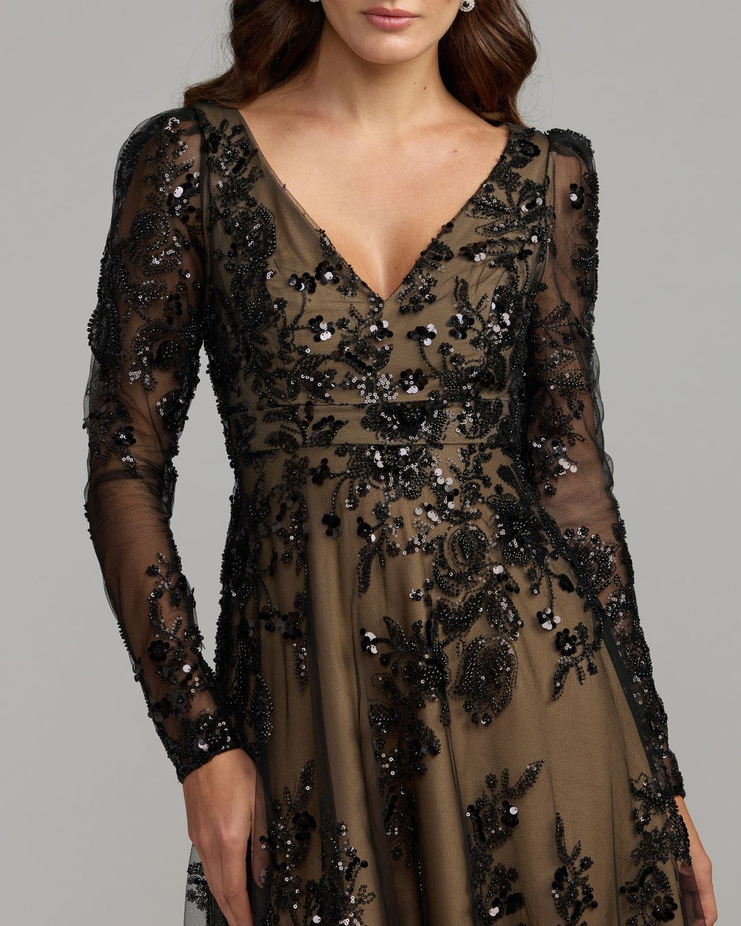 Mac Duggal 68908 Embroidered Long Sleeve V Neck Gown