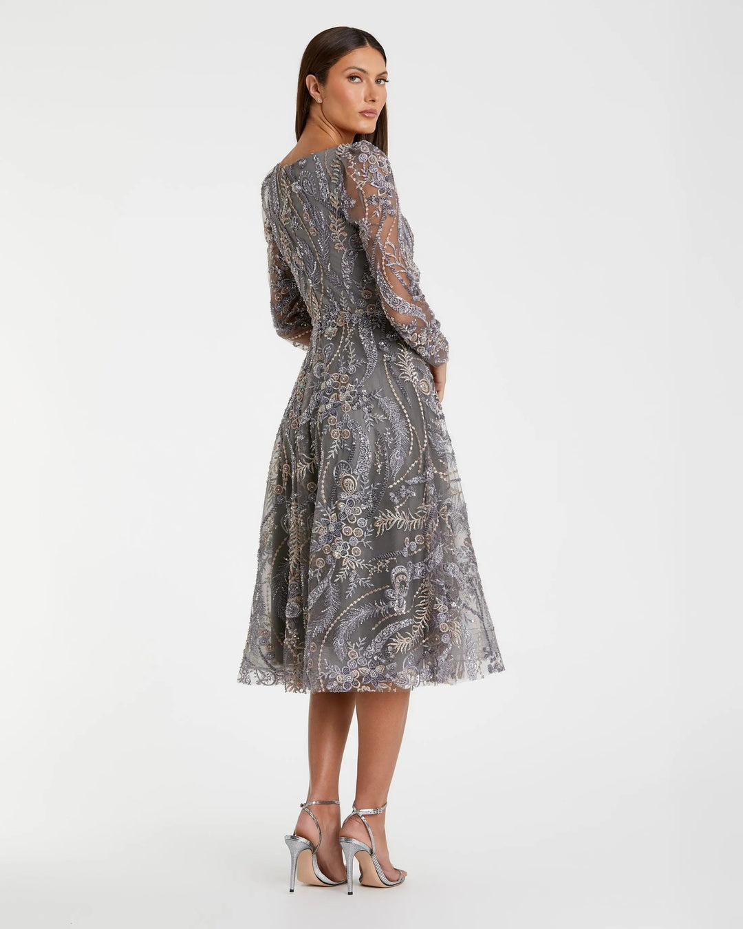 Mac Duggal 68913 Gray Embroidered Long Sleeve Midi Dress