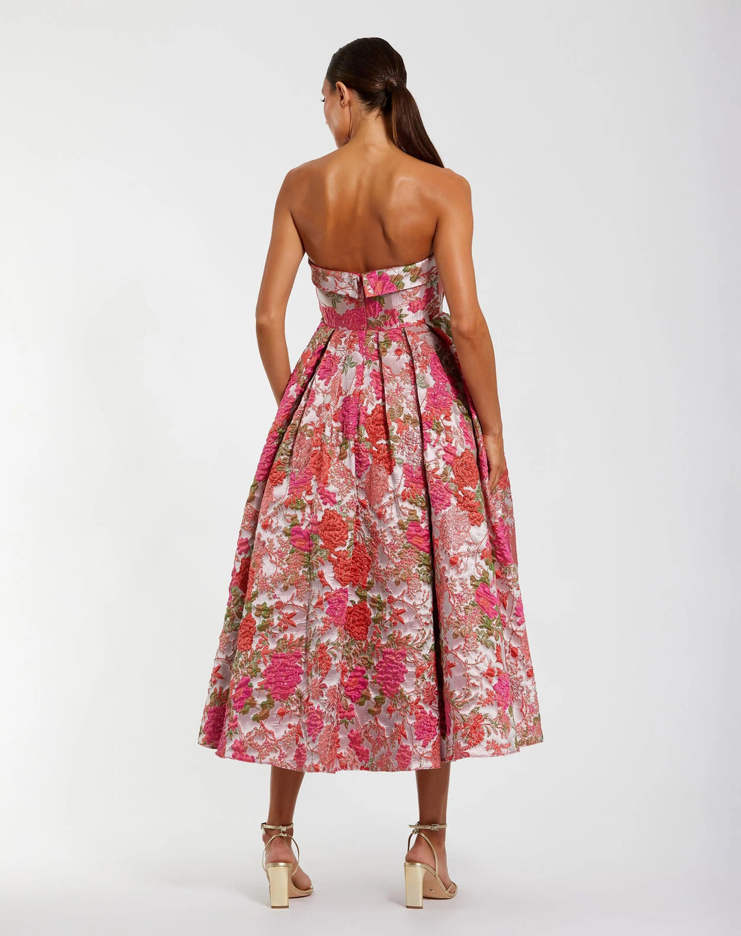Pink Floral Brocade A Line Midi Dress - FOSTANI.com