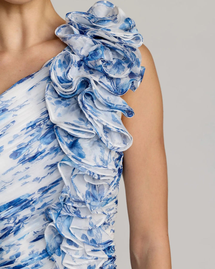 Blue Ruched Floral Chiffon Gown With 3D Ruffles - FOSTANI.com