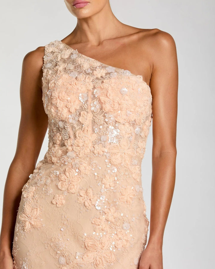 Orange One Shoulder Floral Appliqué Sequin Gown - FOSTANI.com