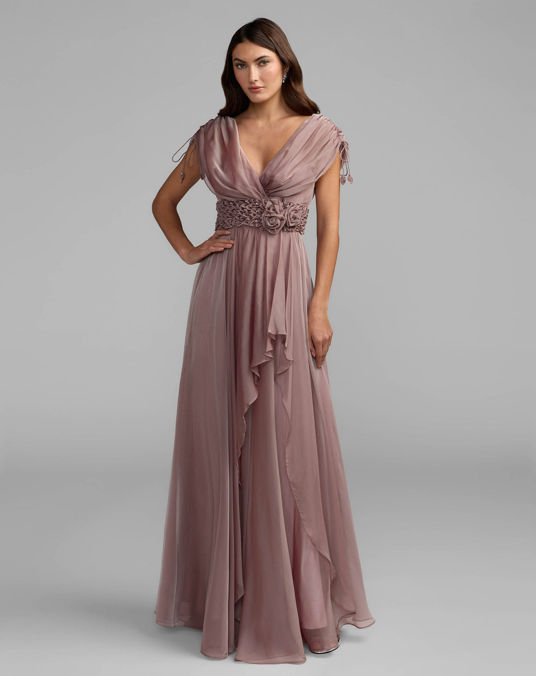 Mac Duggal 69089 Purple Crystal Floral Waist Chiffon Gown