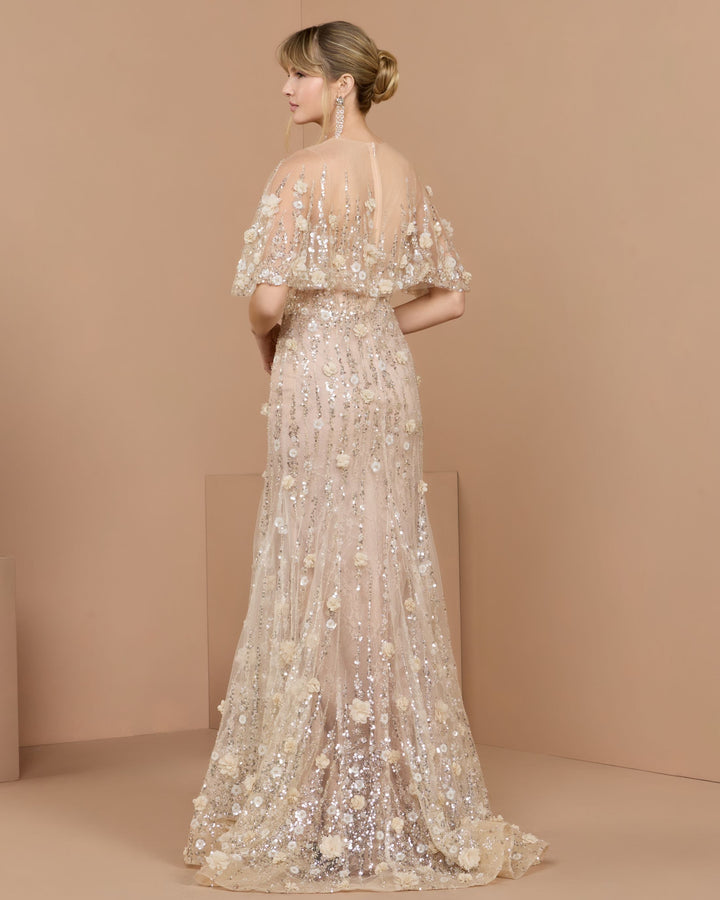 Mac Duggal 69188 Beige Embellished Cape Sleeve Gown - FOSTANI.com