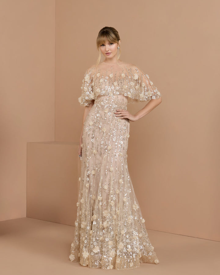 Mac Duggal 69188 Beige Embellished Cape Sleeve Gown - FOSTANI.com