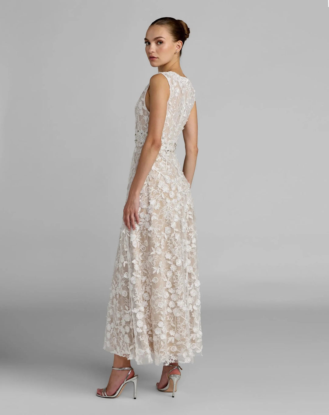 Ivory Floral Embroidered High Neck Midi Dress - FOSTANI.com