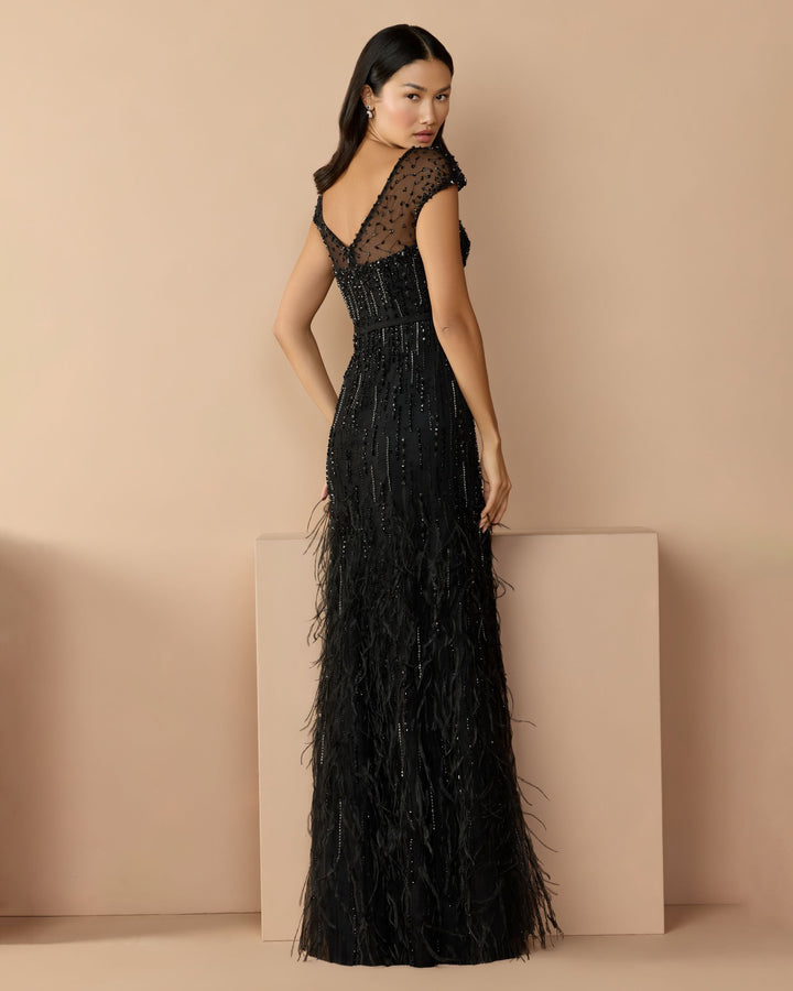 Mac Duggal 77198 Rhinestone Embellished Illusion Neck Feather Gown