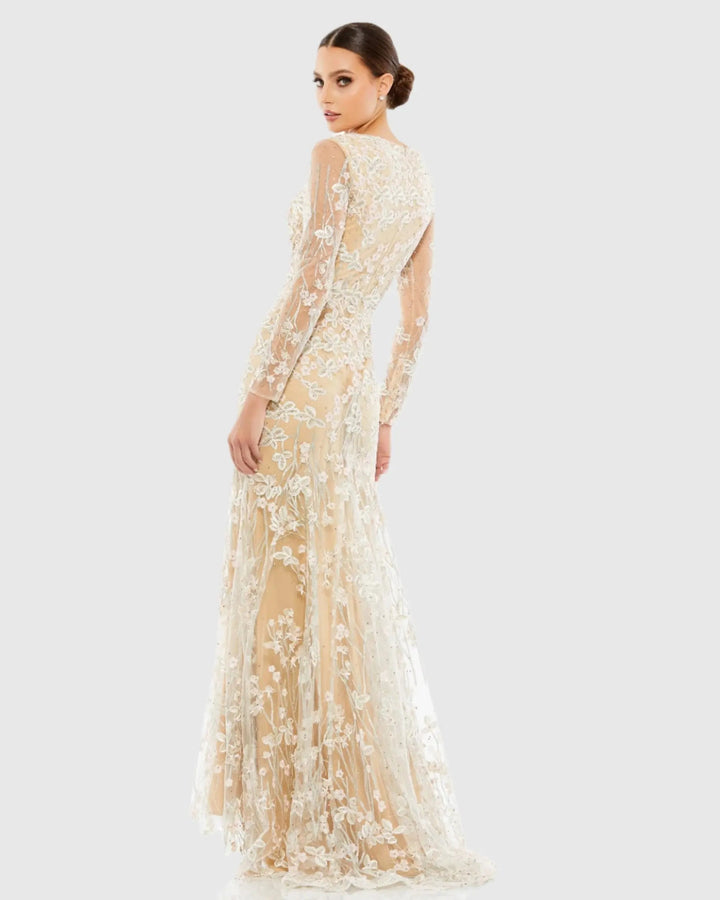 Mac Duggal 70239 Embroidered V Neck Long Sleeve Trumpet Gown