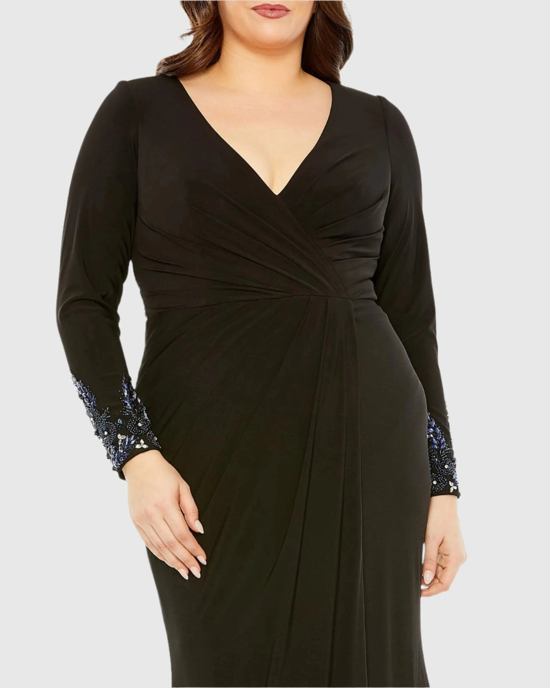 Mac Duggal 77024 Long Crystal Detail Sleeve V Neck Gown