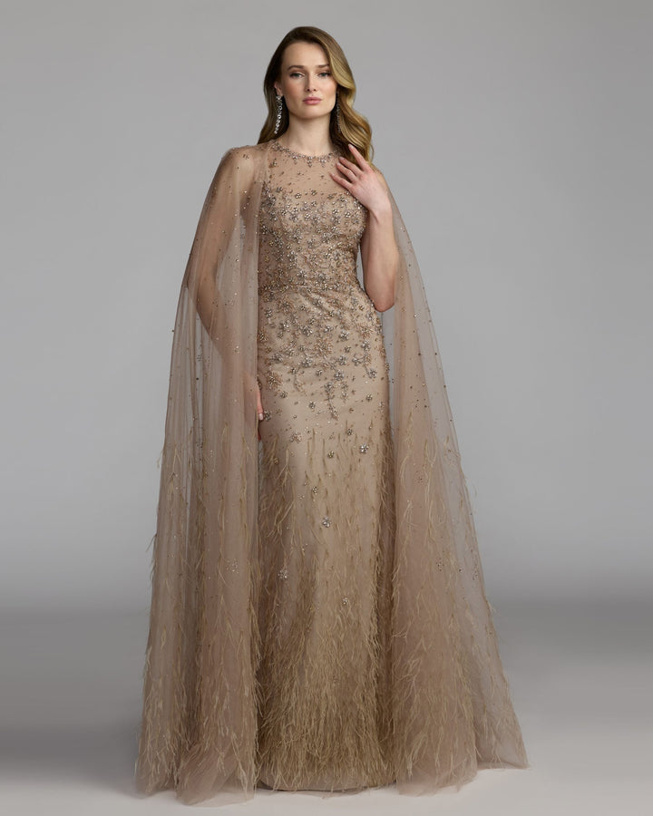Mac Duggal 77104 Crystal Embellished Cape Gown with Feathers