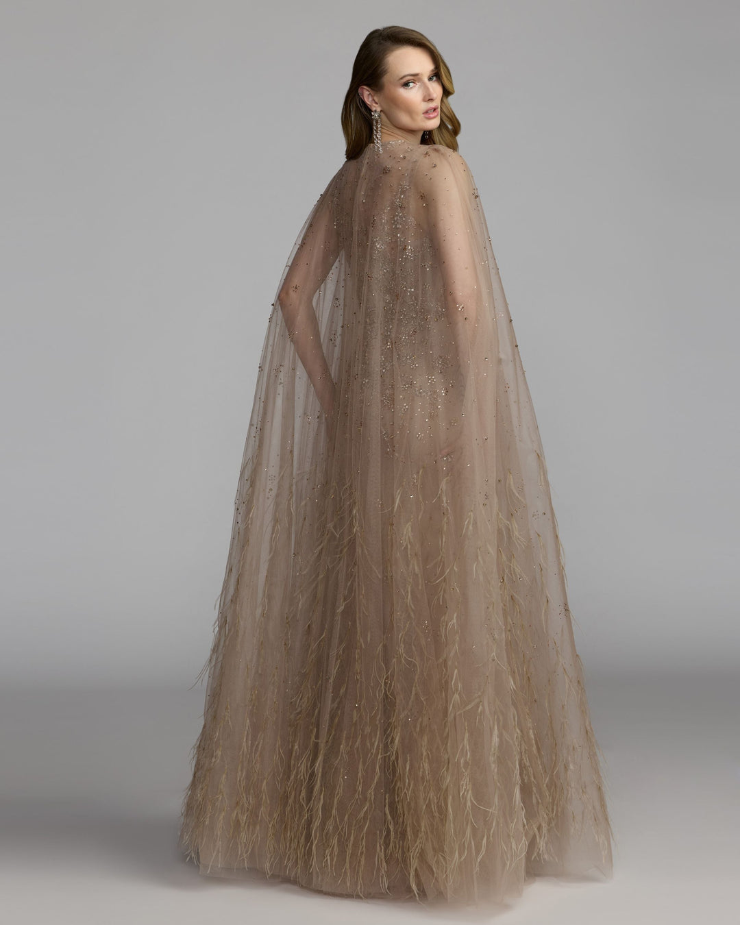 Mac Duggal 77104 Crystal Embellished Cape Gown with Feathers