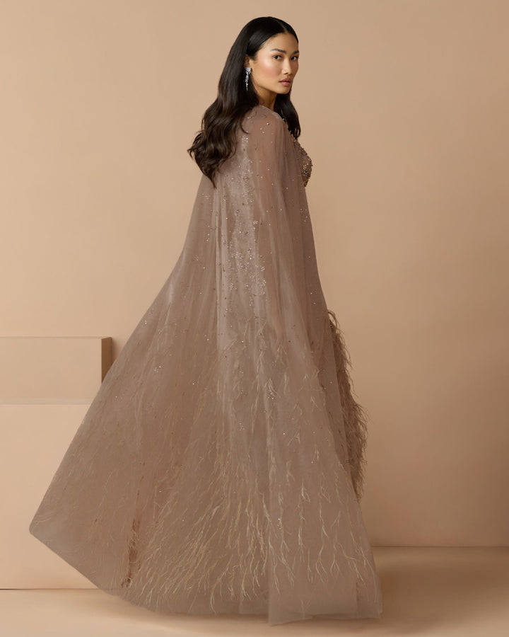 Mac Duggal 77104 Crystal Embellished Cape Gown with Feathers