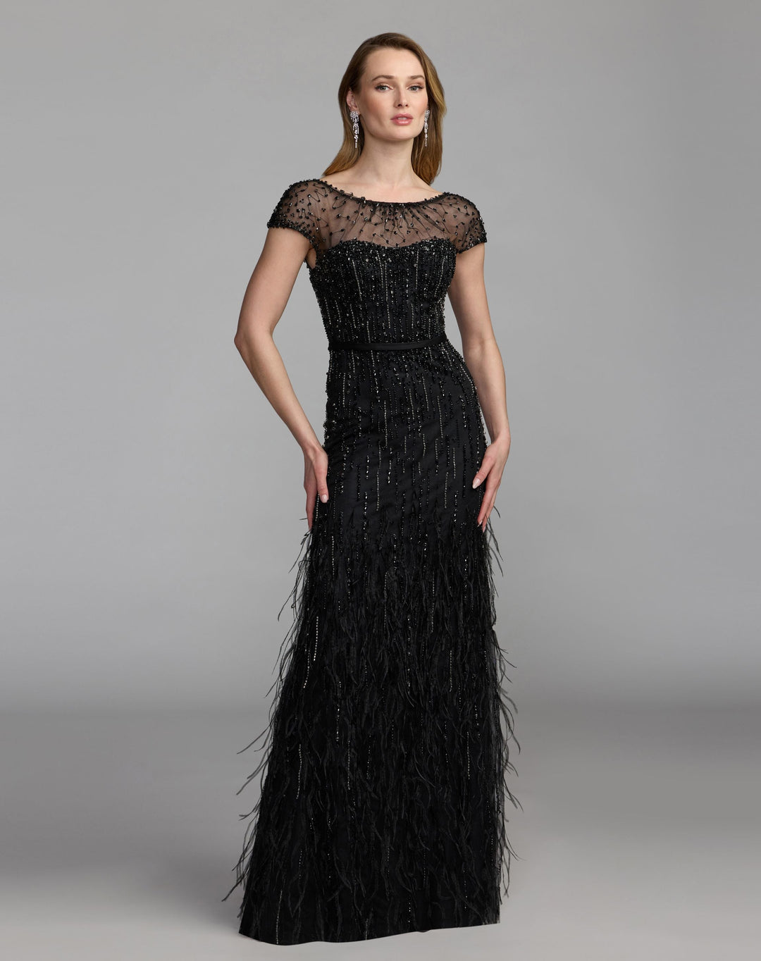 Mac Duggal 77198 Rhinestone Embellished Illusion Neck Feather Gown