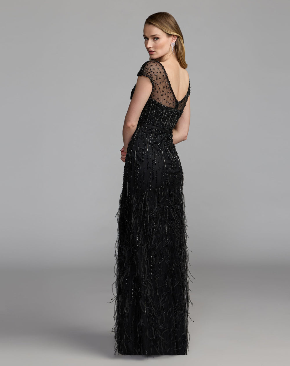 Mac Duggal 77198 Rhinestone Embellished Illusion Neck Feather Gown