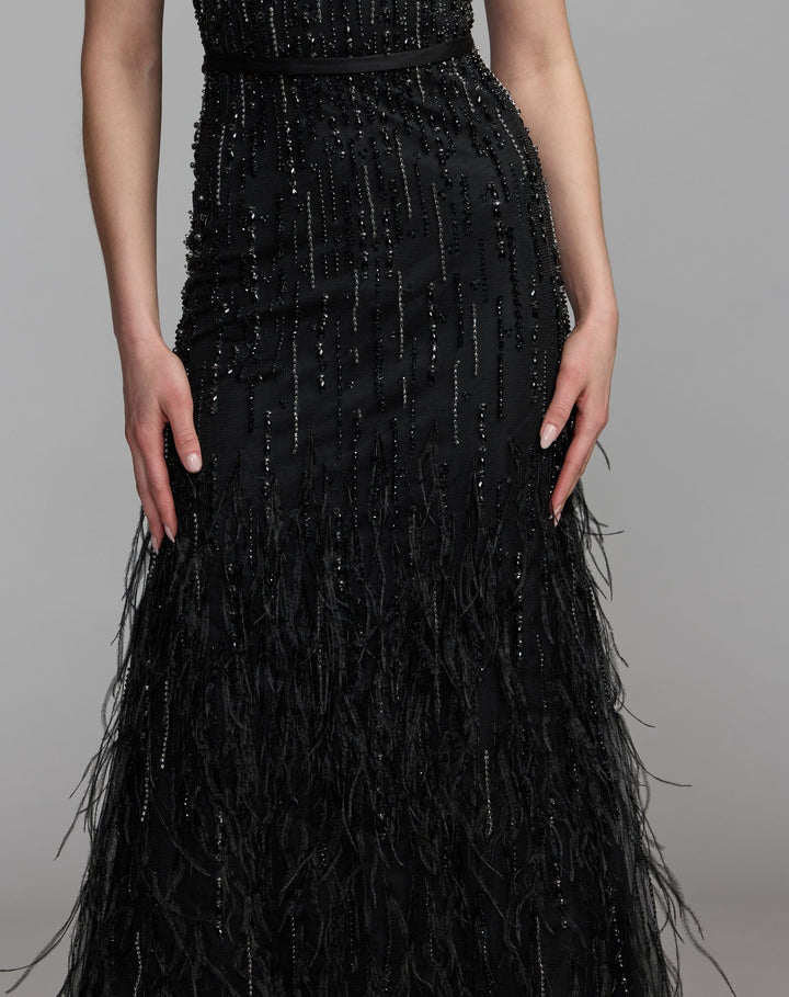 Mac Duggal 77198 Rhinestone Embellished Illusion Neck Feather Gown