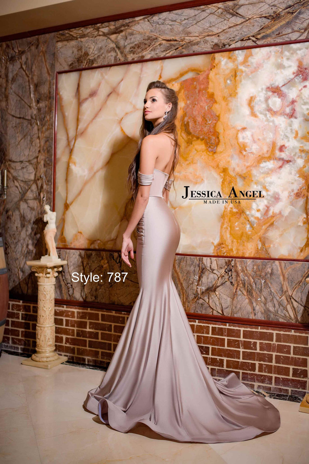 Jessica Angel 787 off shoulder draped jersey mermaid gown back view