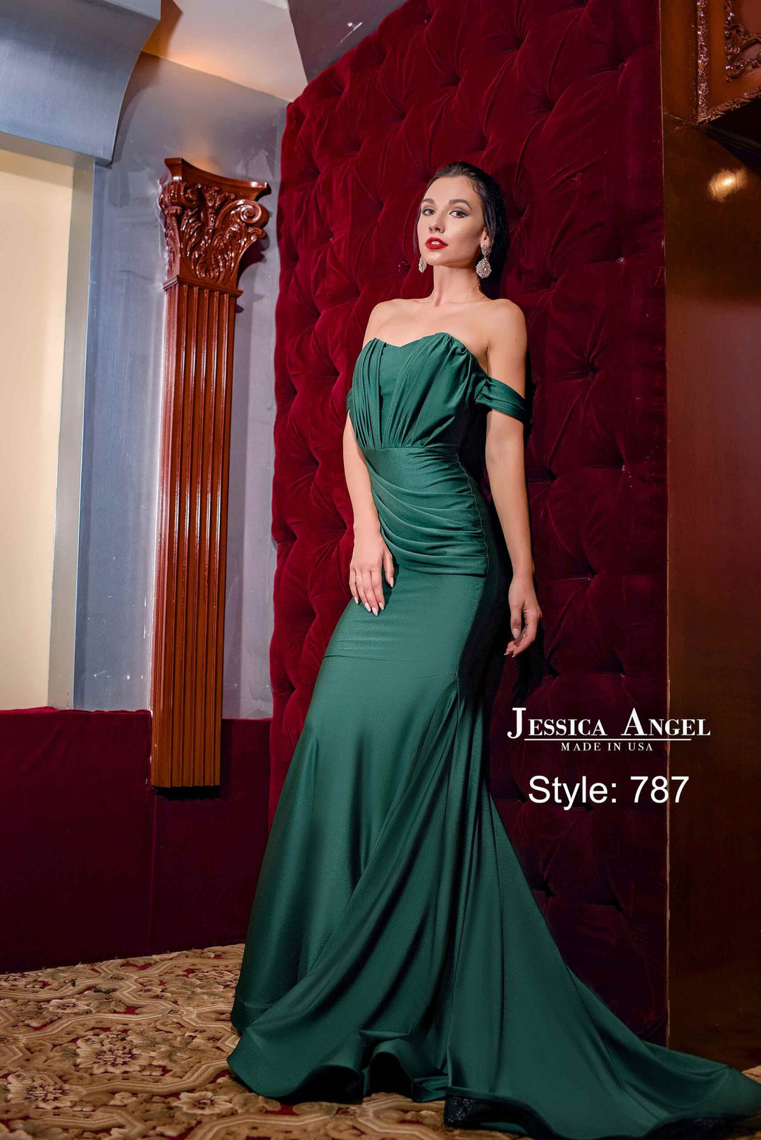 Jessica Angel 787 off shoulder draped jersey mermaid gown front view