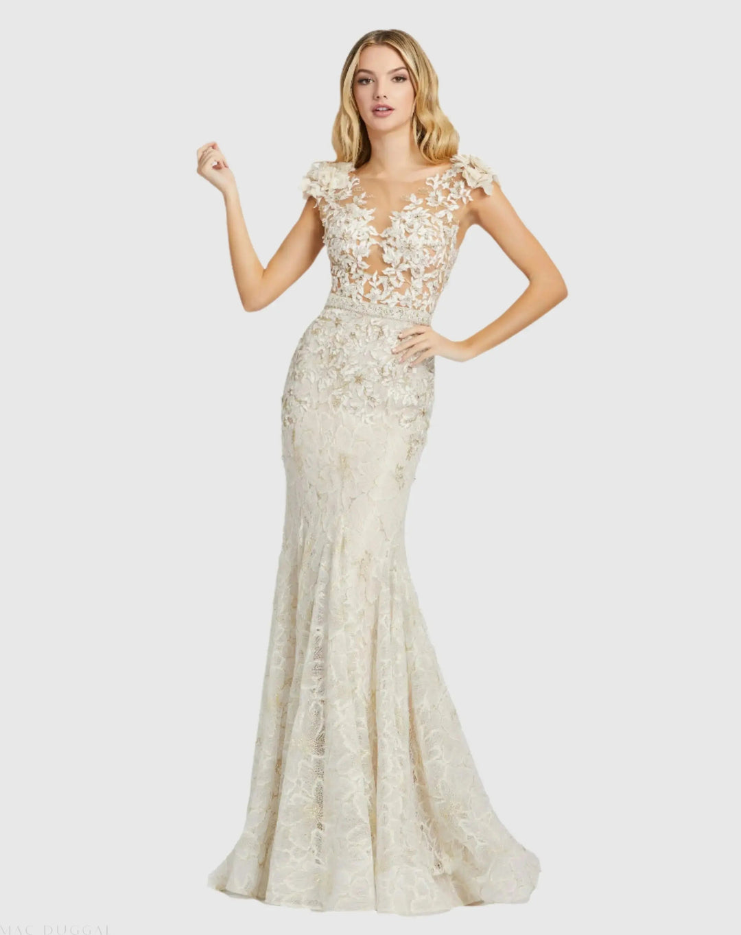 Mac Duggal 79268 High Neck Shoulder Flower Detail Mermaid Gown